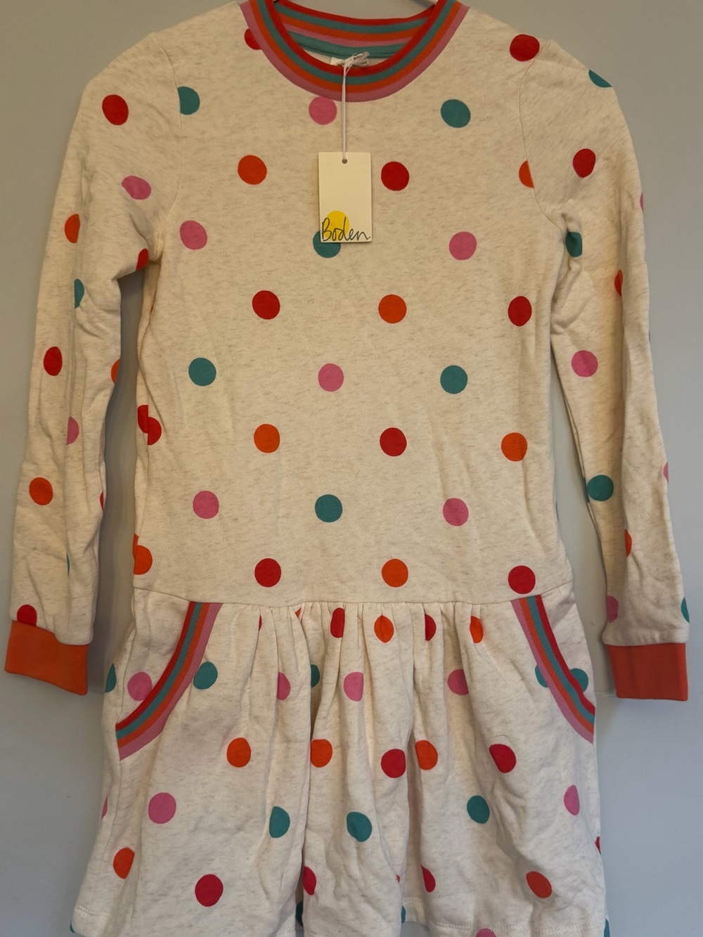 Boden 9/10 Girls' Oatmeal Polka Dot Long-Sleeve Dress - Sweatshirt Material NWT